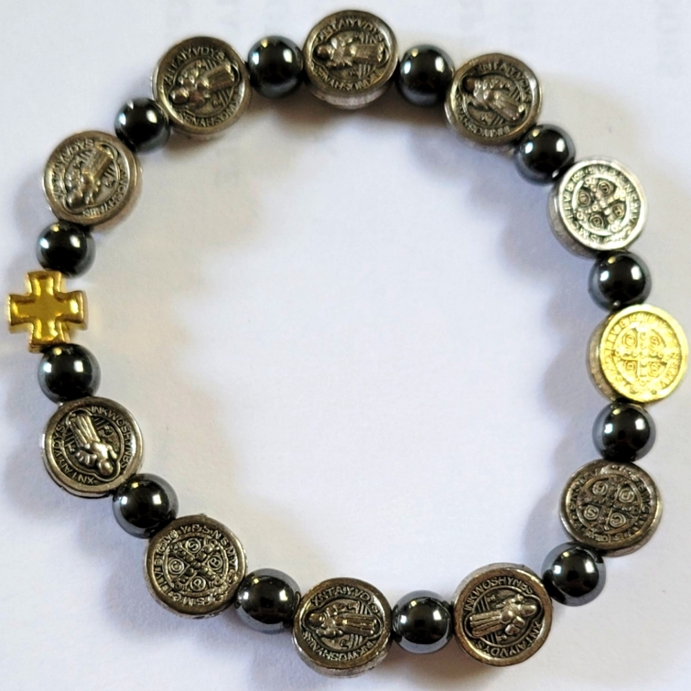 Saint Benedict Stretch Bracelet, Hematite & silvertone/goldtone Metal Beads.